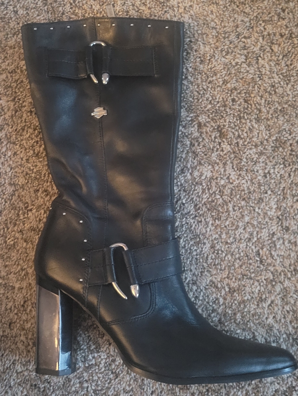 Harley-Davidson Black Leather Mid-Calf Heeled Boot with Silver Hardware